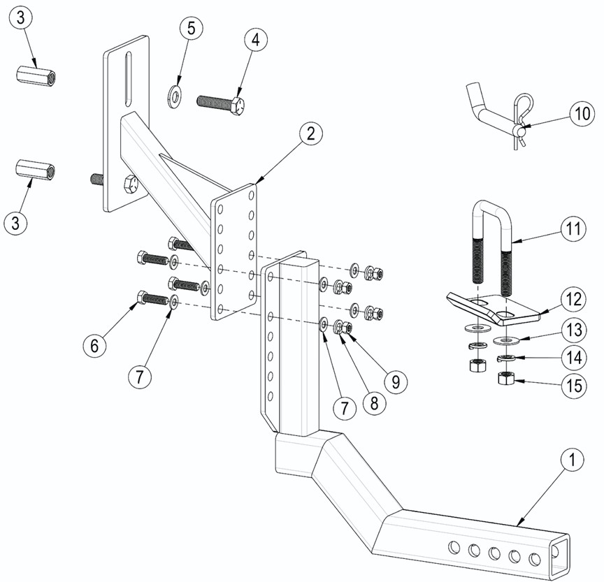 Exploded diagram of every part in the Tire Backpack kit, numbered 1 through 15